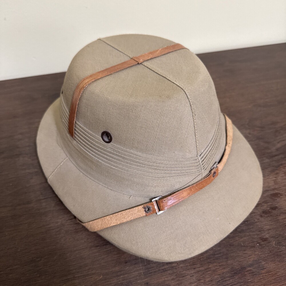 Vintage Khaki Pith Hat w/Chin Strap - sun Helmet - authentic - size 7 1/2